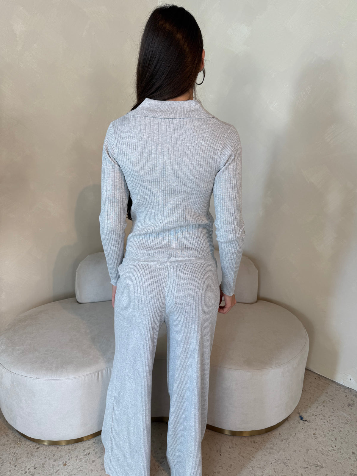 Grey Ribbed LS Jacket & Pant Set