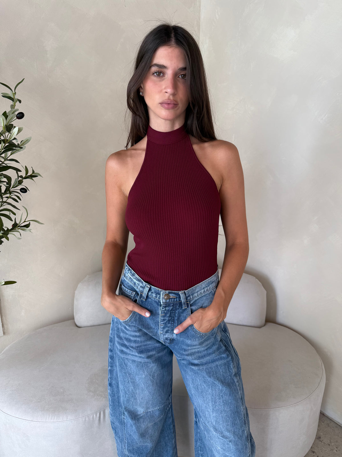Ribbed Tie Neck Tank Top