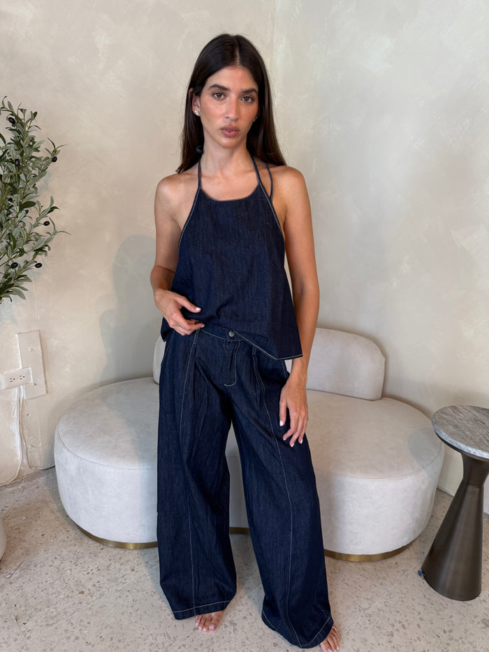 Denim Halter Top & Button Pant Set