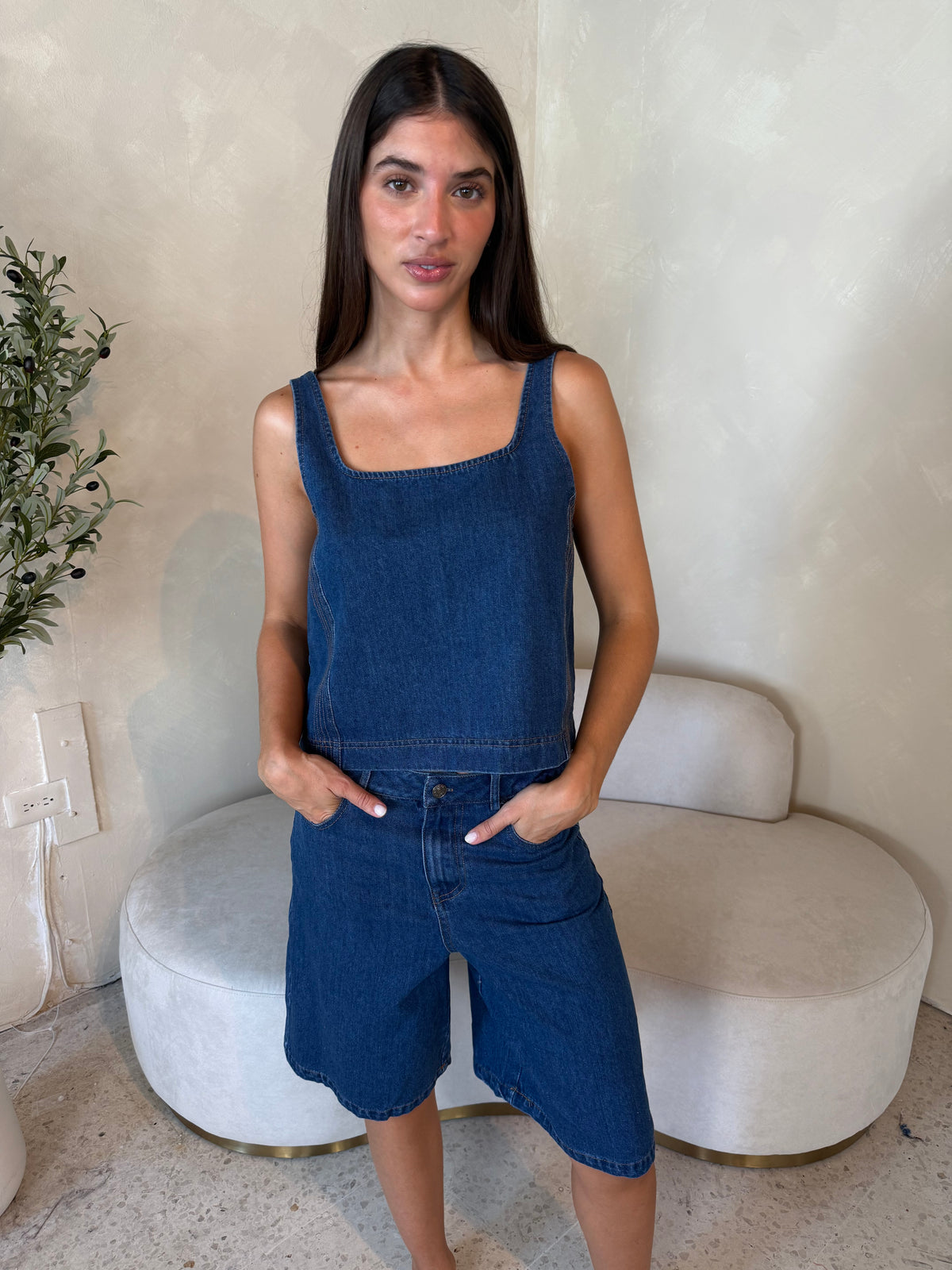 Denim Tank & Bermuda Pants Set