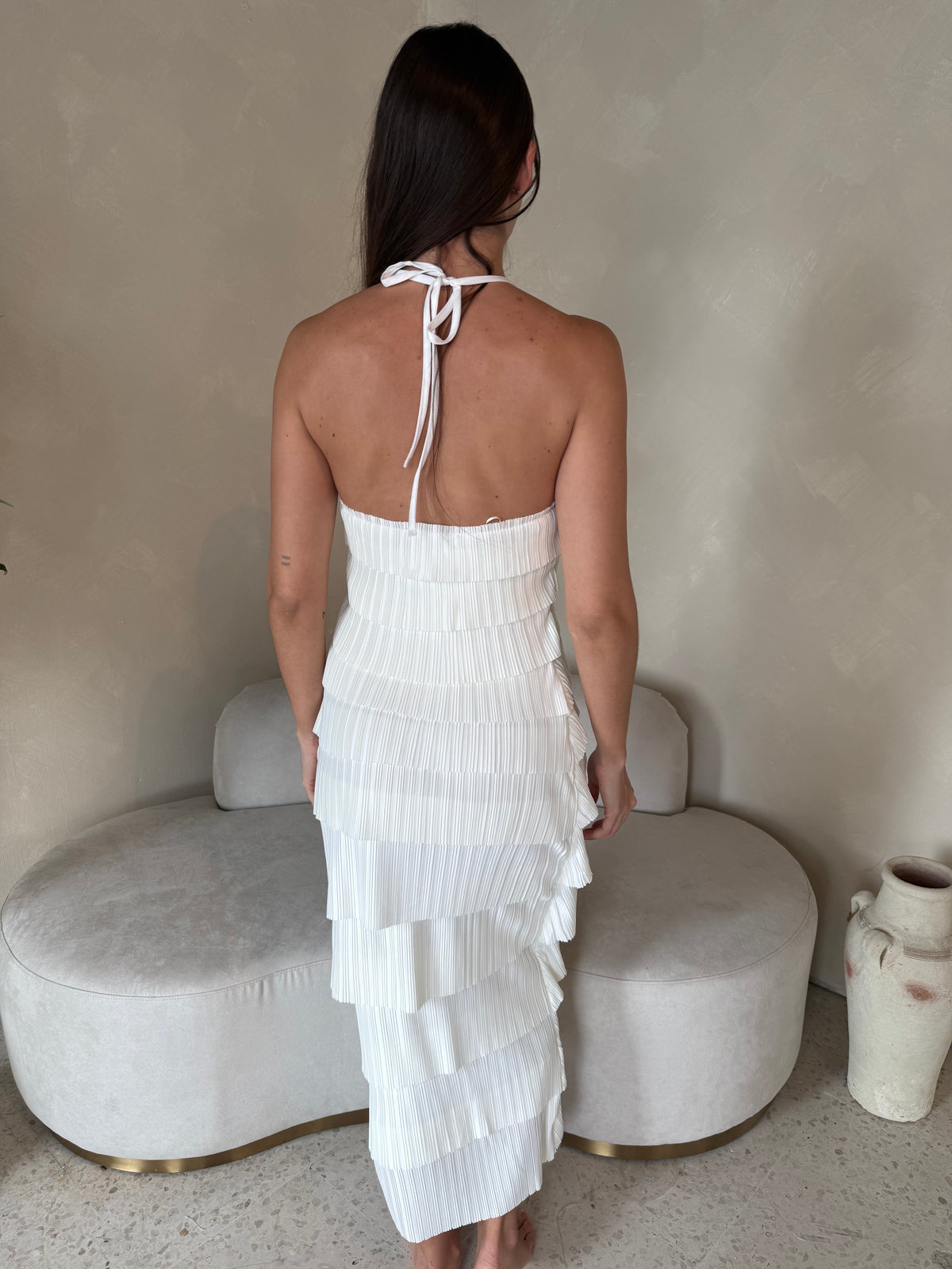 Cream Pleated Midi Dress
