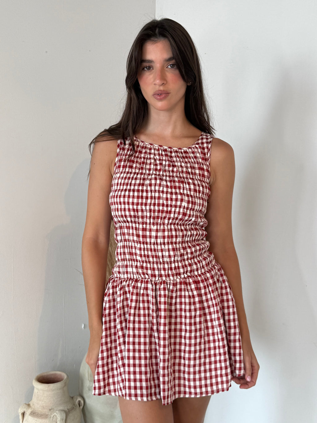 Red Smocked Checkered Dress