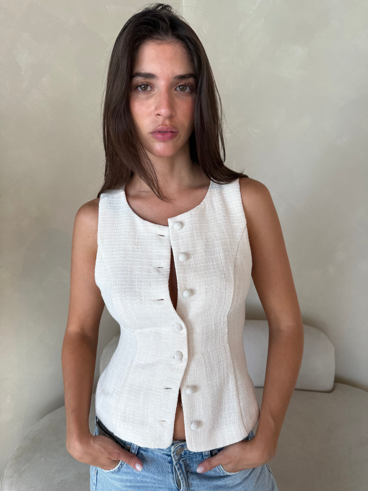 Ivory Textured Button Vest