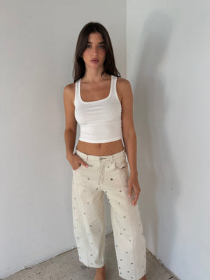 Beige Studded Barrel Pants