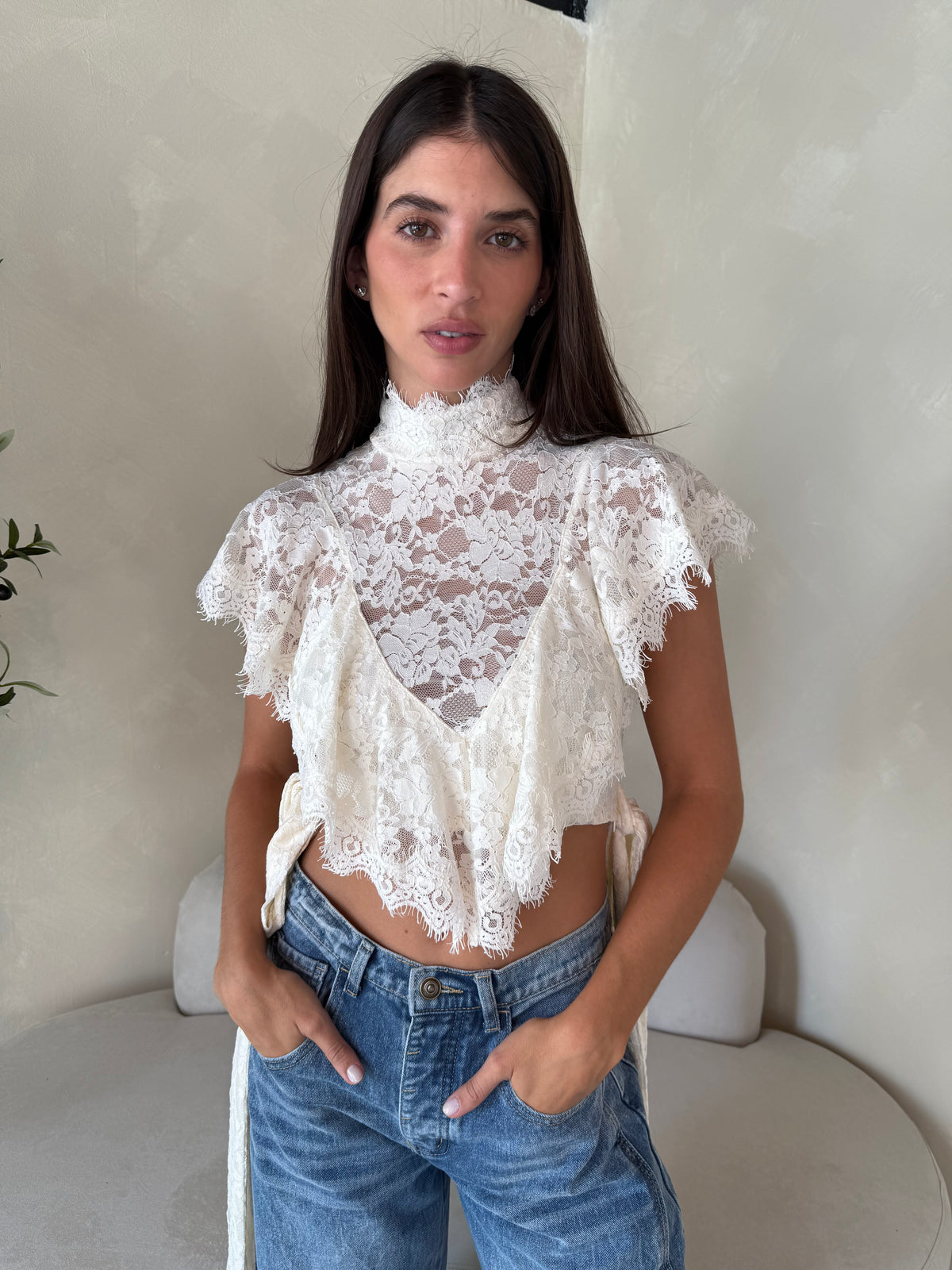 High Neck Ruffle Lace Top
