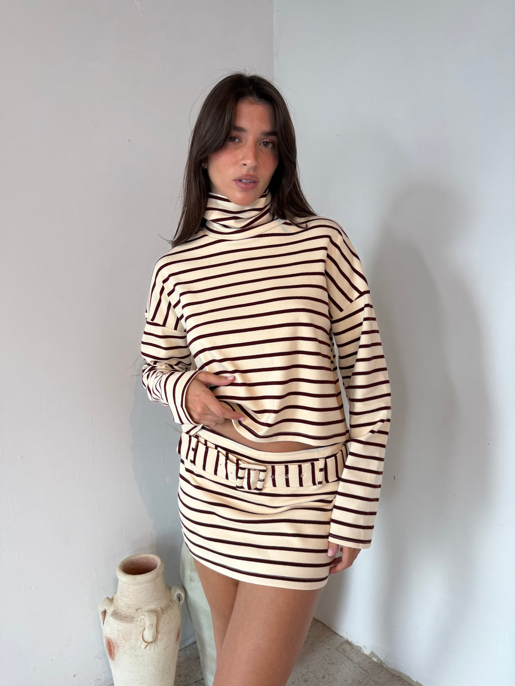Cream Burgundy Stripe LS Top & Skort Set