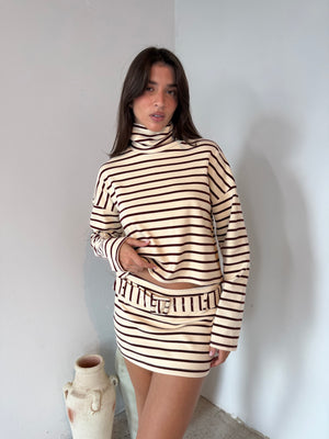 Cream Burgundy Stripe LS Top & Skort Set