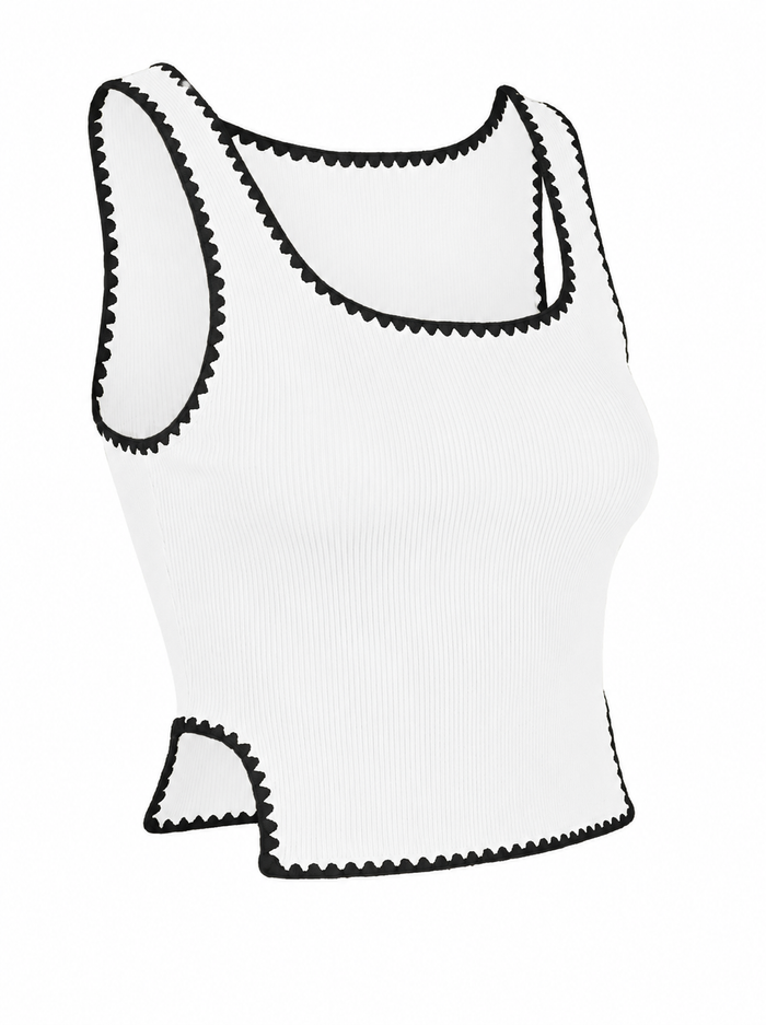 RIBBED EMBROIDERY BIAS DETAIL TANK TOP
