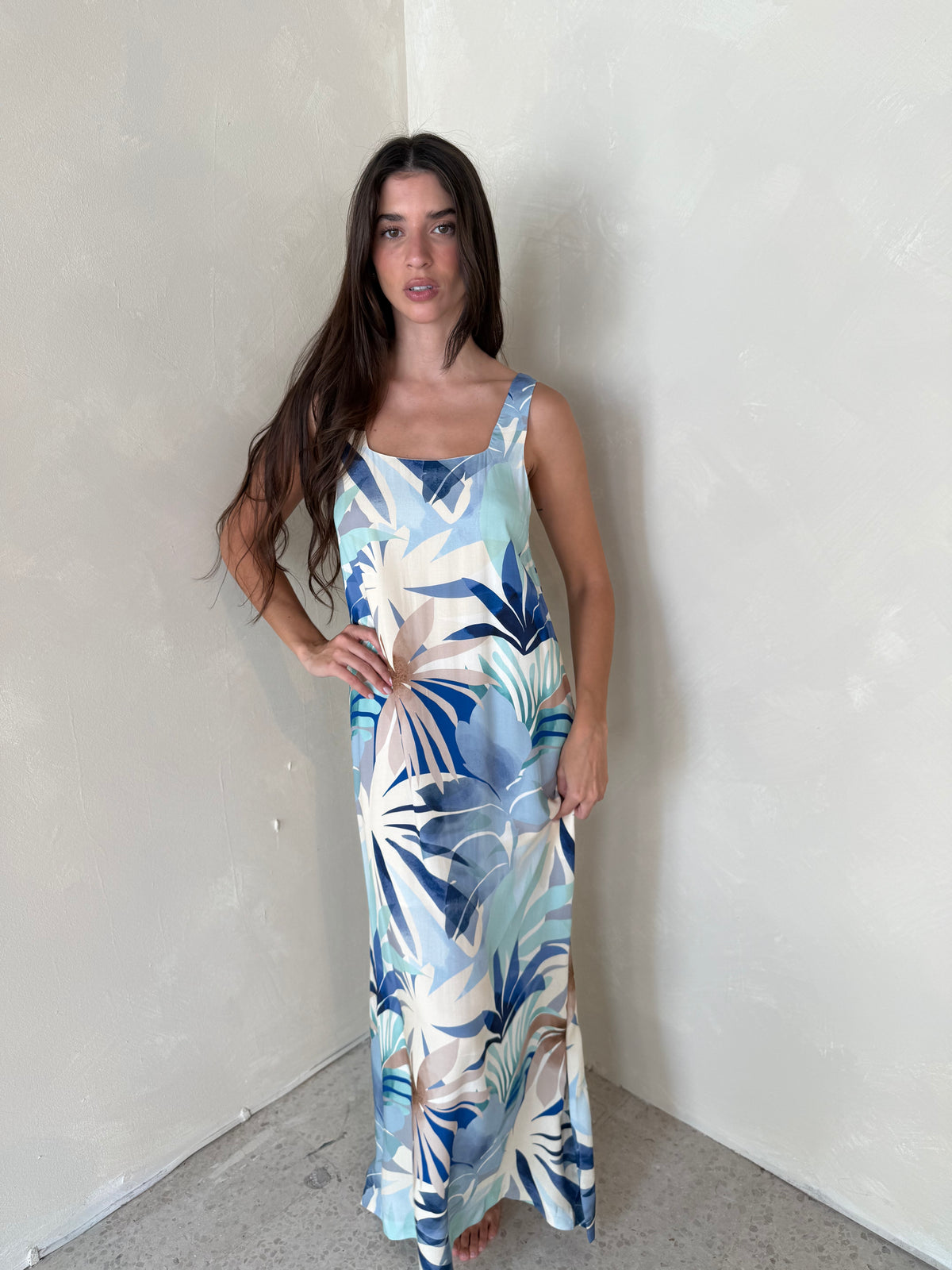 Blue Palm Printed Maxi Dress