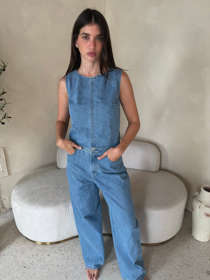 Denim Back Tie Top & Pant Set
