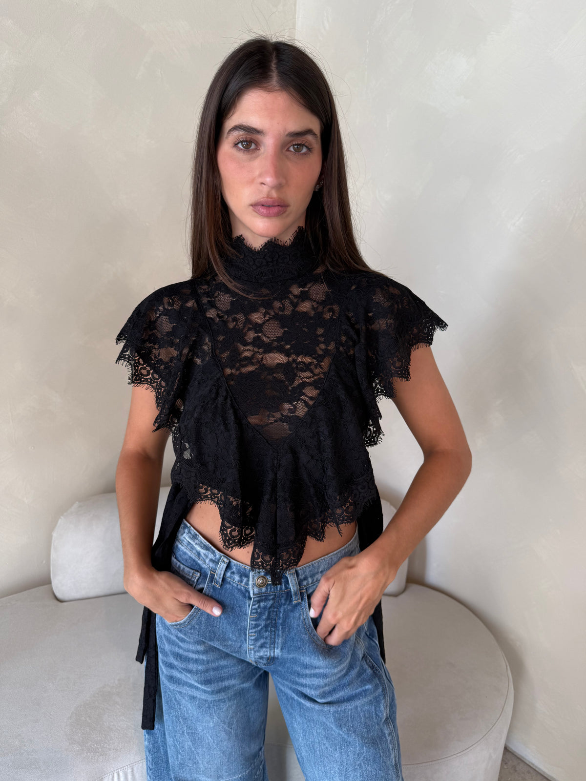 High Neck Ruffle Lace Top