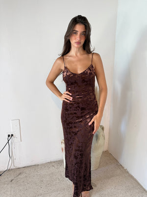 Brown Veltet Burnout Maxi Dress
