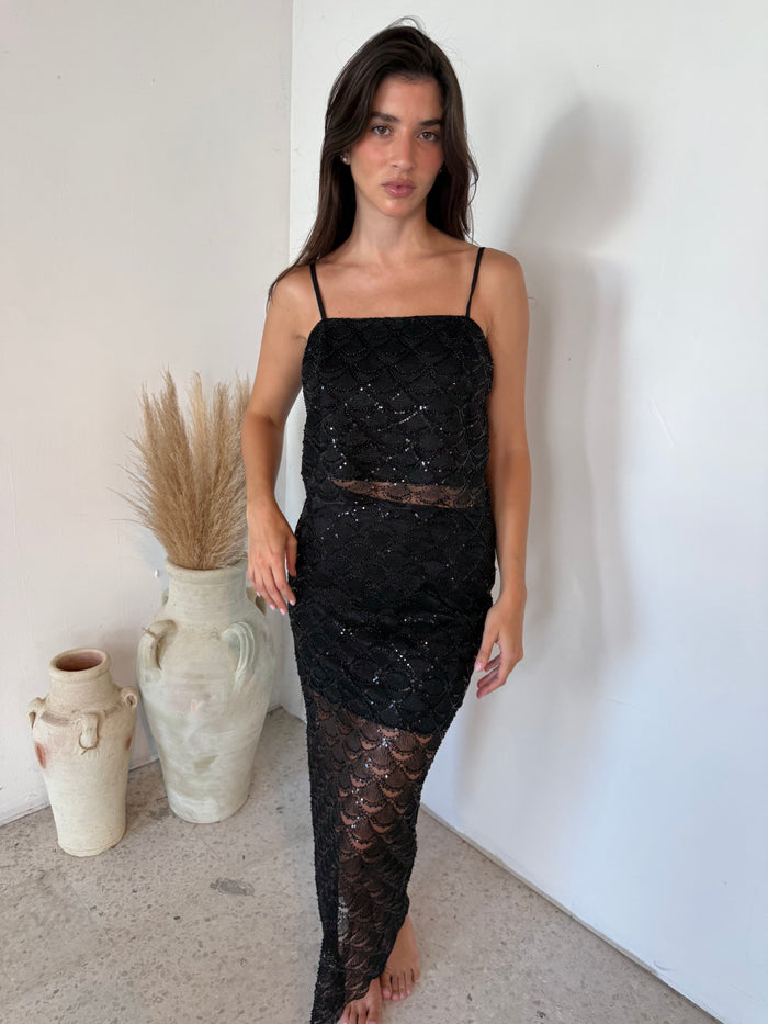 Black Sequins Crop Top & Skirt Set