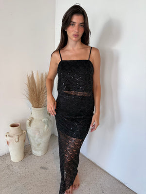Black Sequins Crop Top & Skirt Set