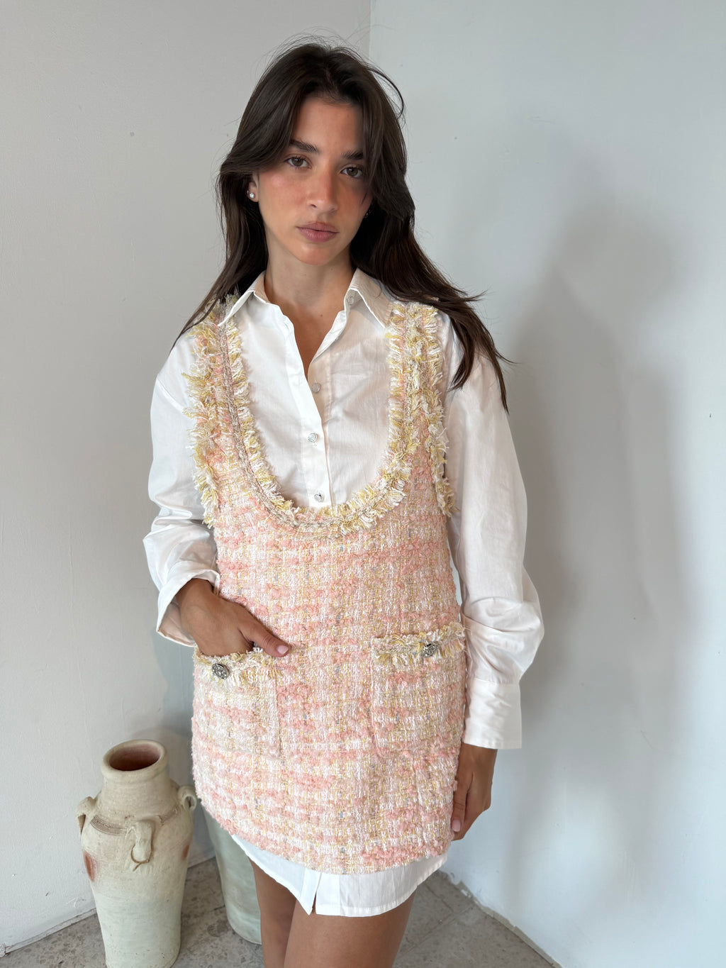 Tweed Mini Dress and Contrast LS Shirt Set