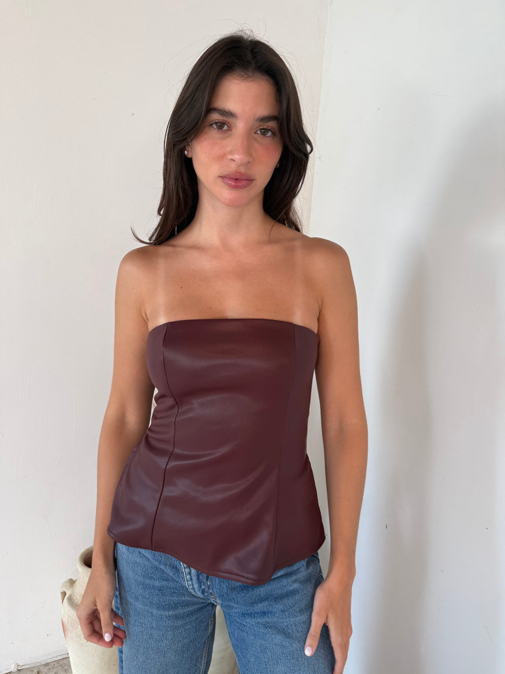 Burgundy PU Strapless Top
