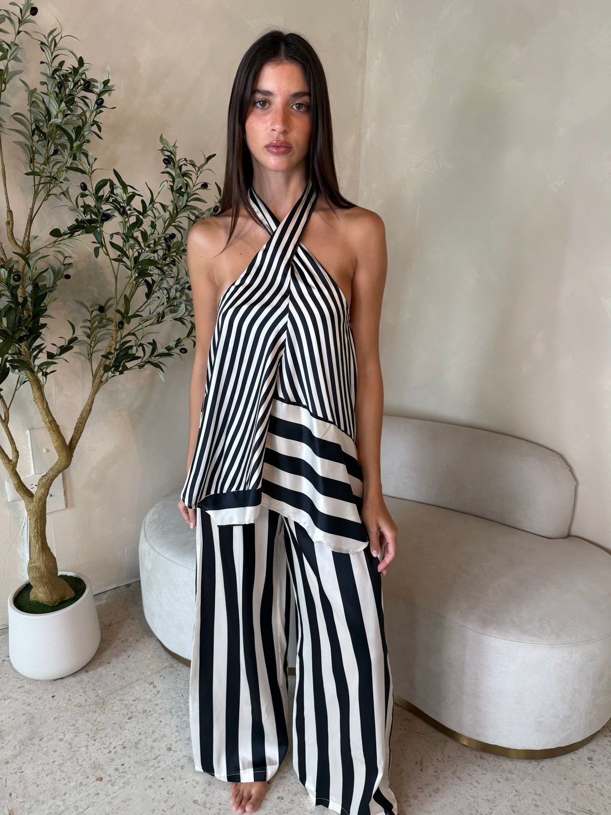 Striped Halter Wrap Top & Pant Set