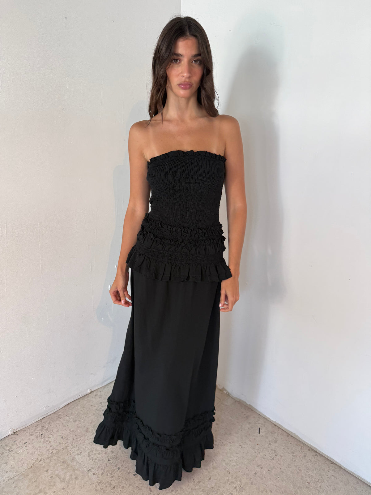 Ruffled Smocked Low Waist Maxi Dress