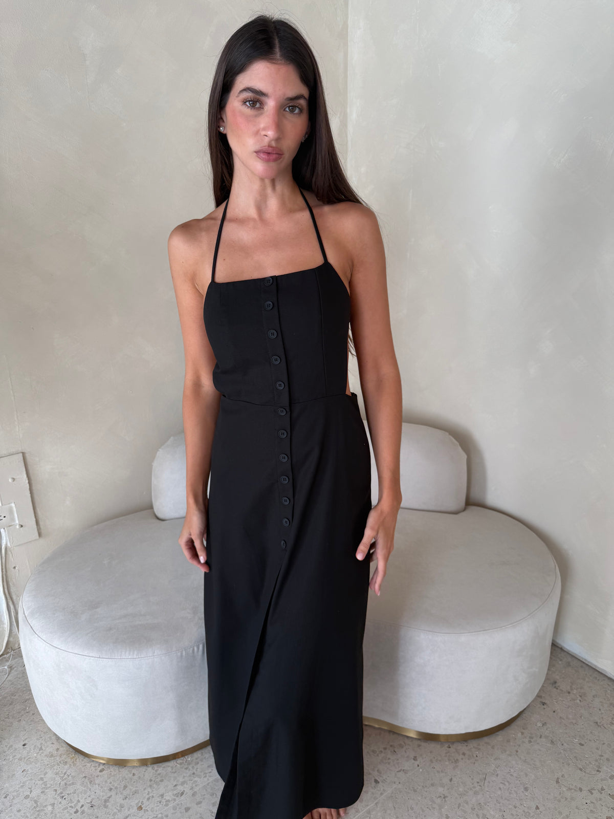 Linen Halter Backless Midi Dress