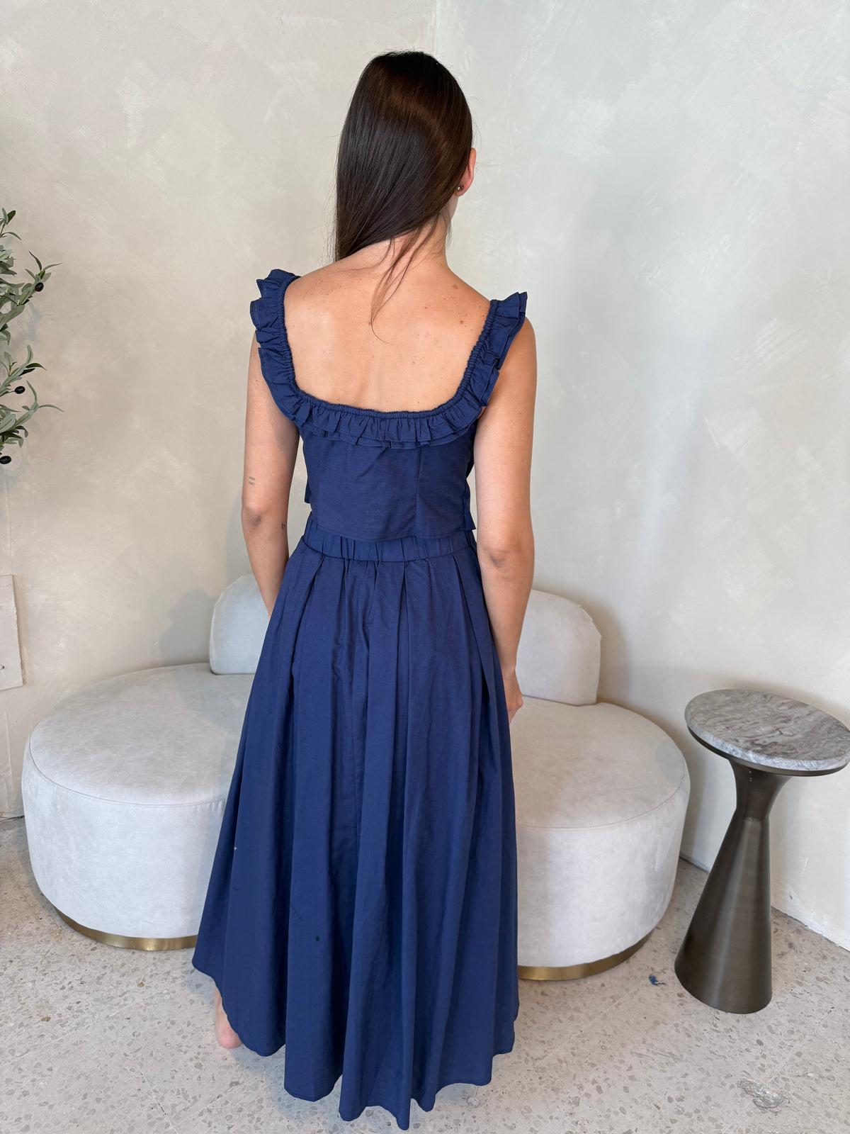 Navy Frilled Top & Midi Skirt Set