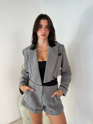 Cropped Blazer With Contrast Pu Leather Inserts