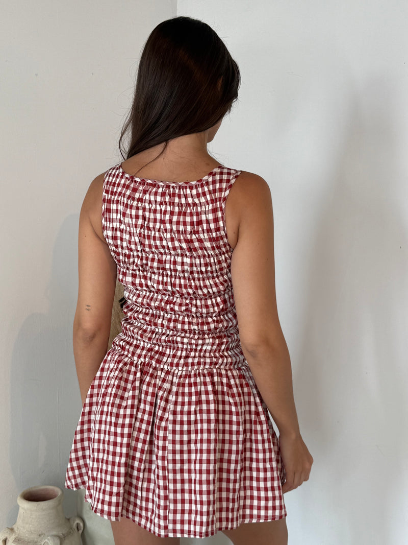 Red Smocked Checkered Dress