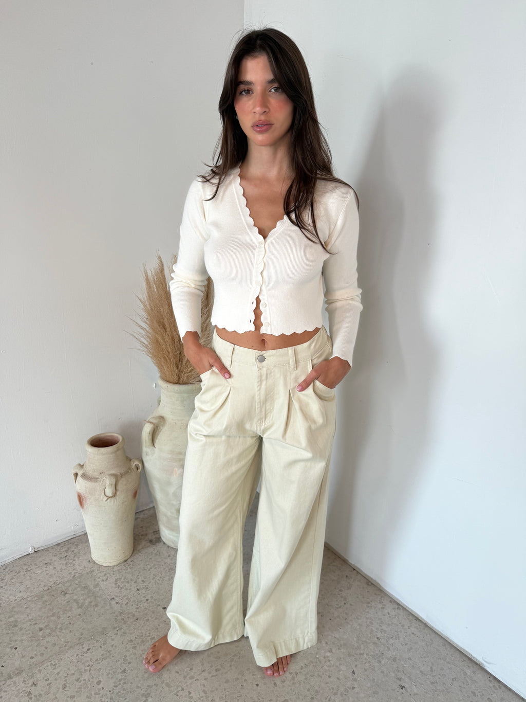 Ecru Pleated Wide Leg Jean