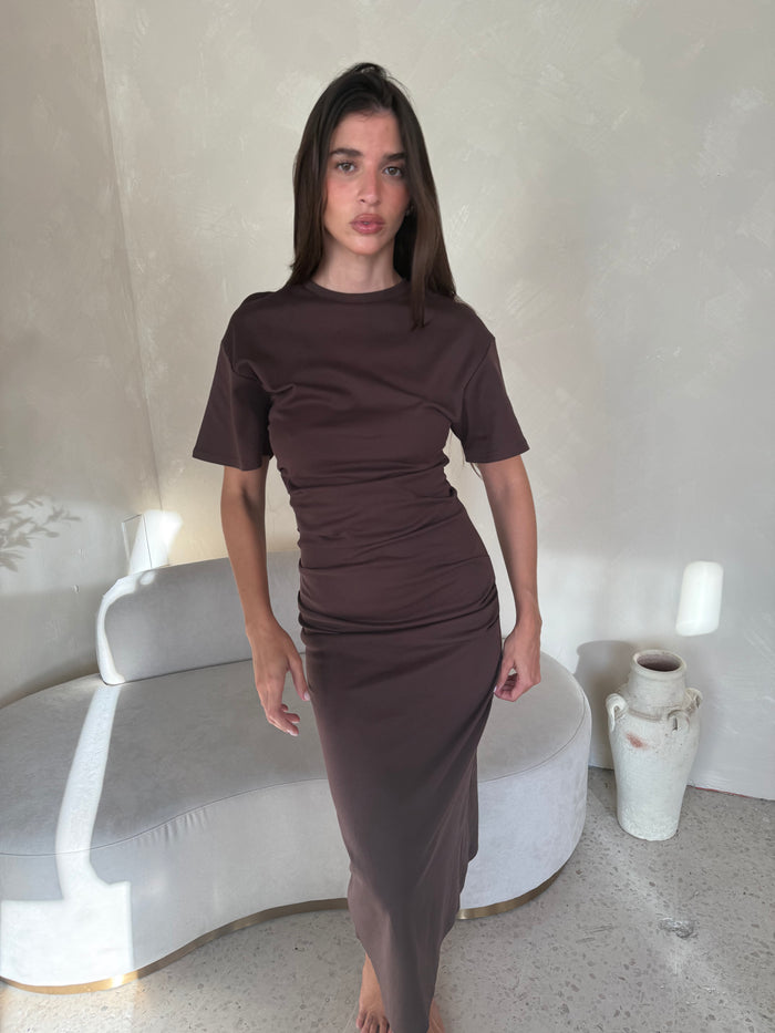 Choco Shirred Midi Dress