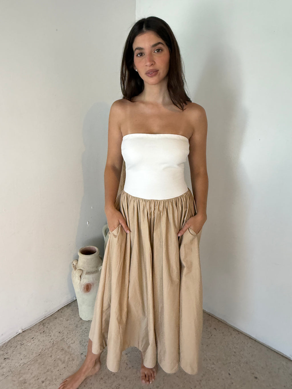 Tube Woven Mix Midi Dress
