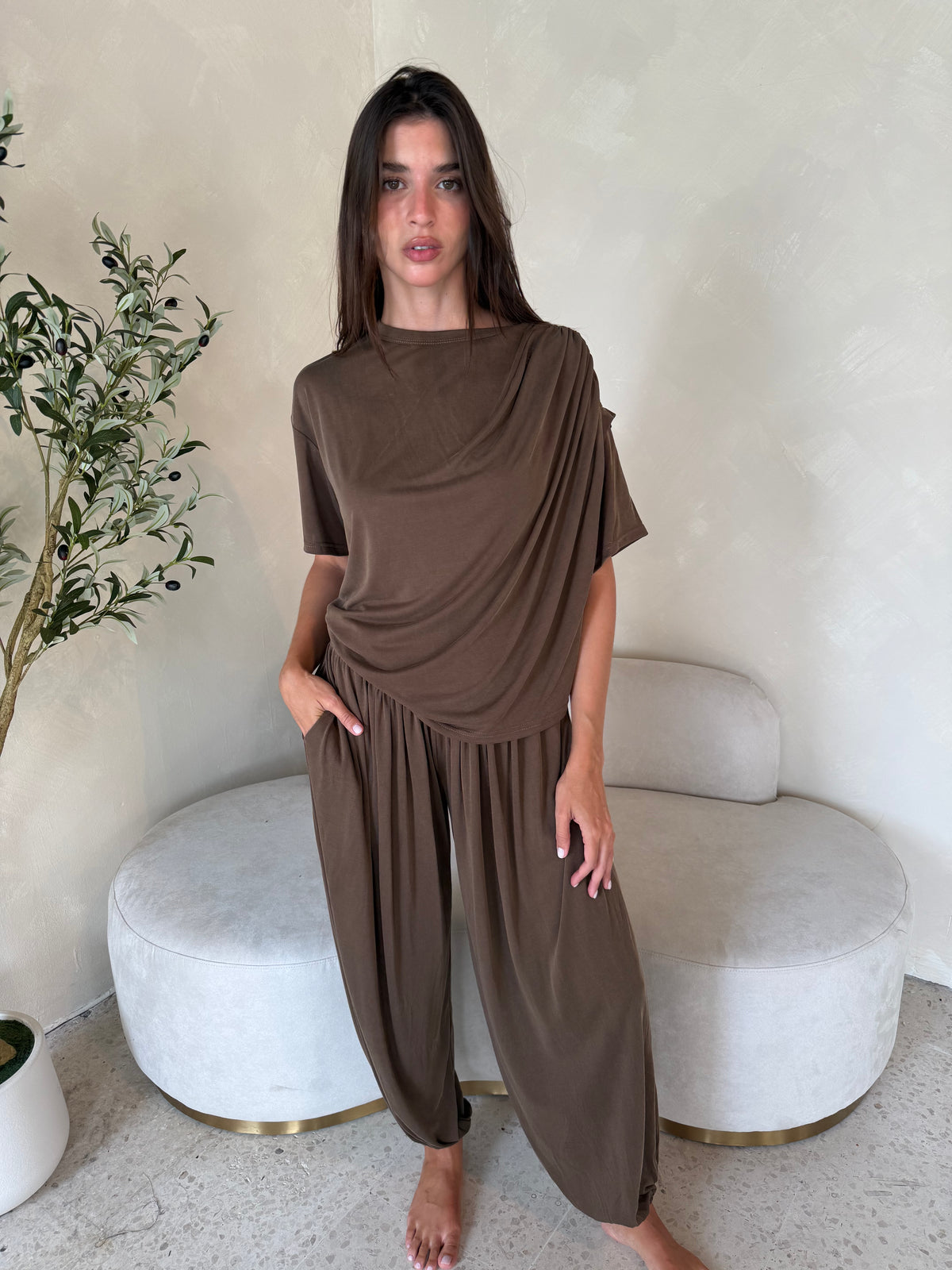 Draped Soft Top & Parachute Pants Set