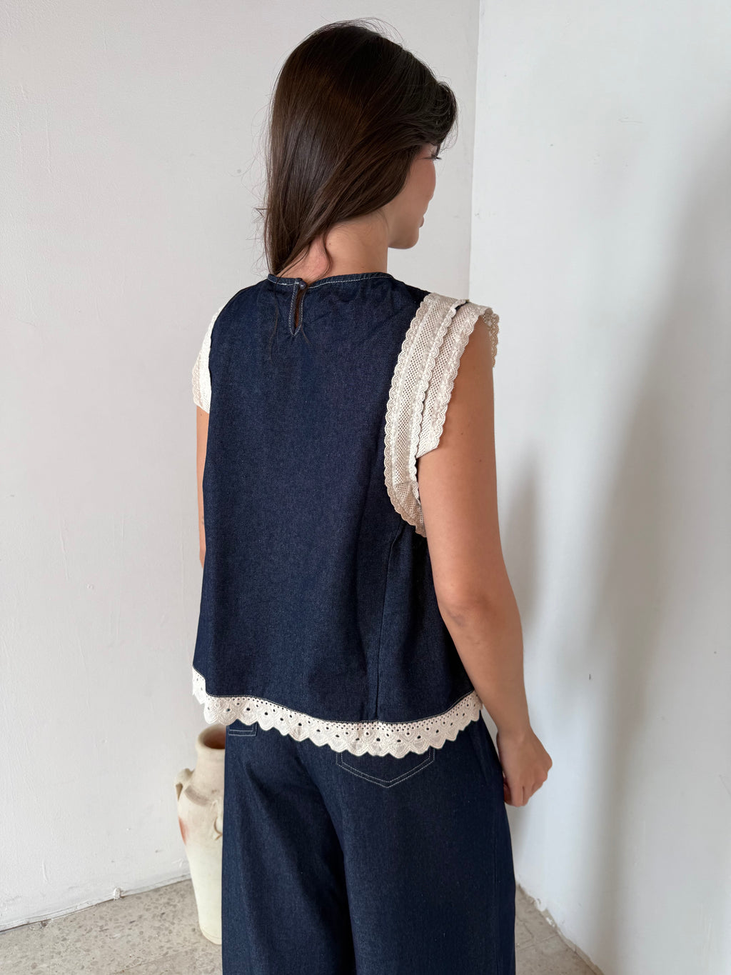 Denim Ruffle Lace Top & Pant Set