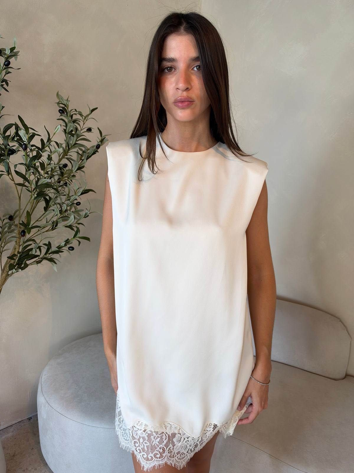 Cream Satin Shoulder Pad Dress