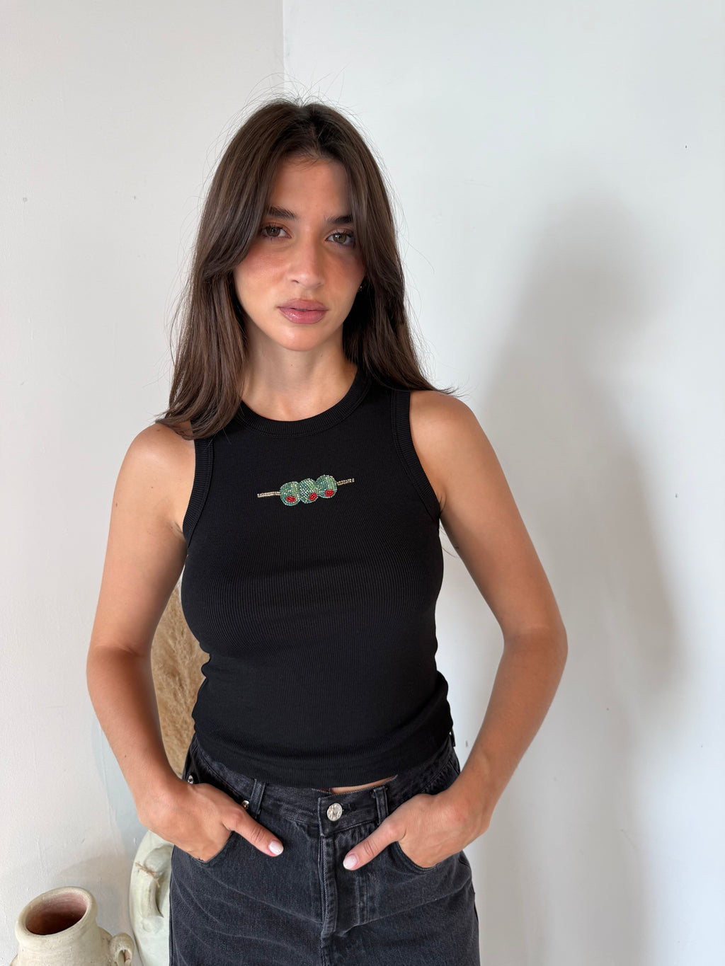 Olive Ribbed Beaded Tank