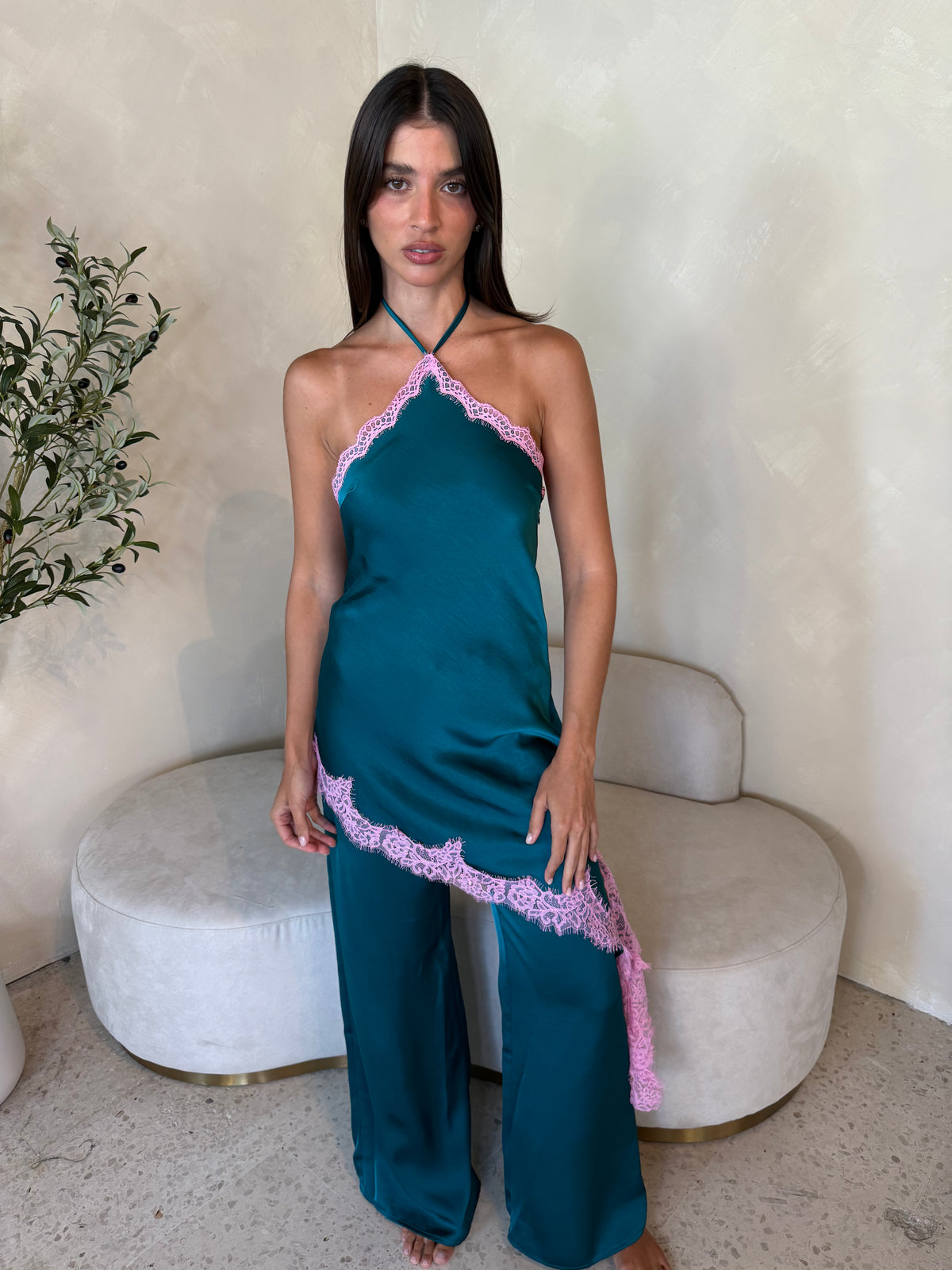 Contrast Lace Halter Jumpsuit