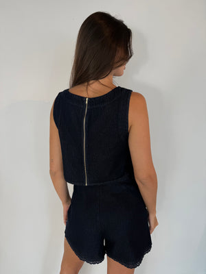 Denim Trim Crop Top & Short Set