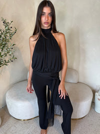 Black Open Back Top & Fringe Belt Set