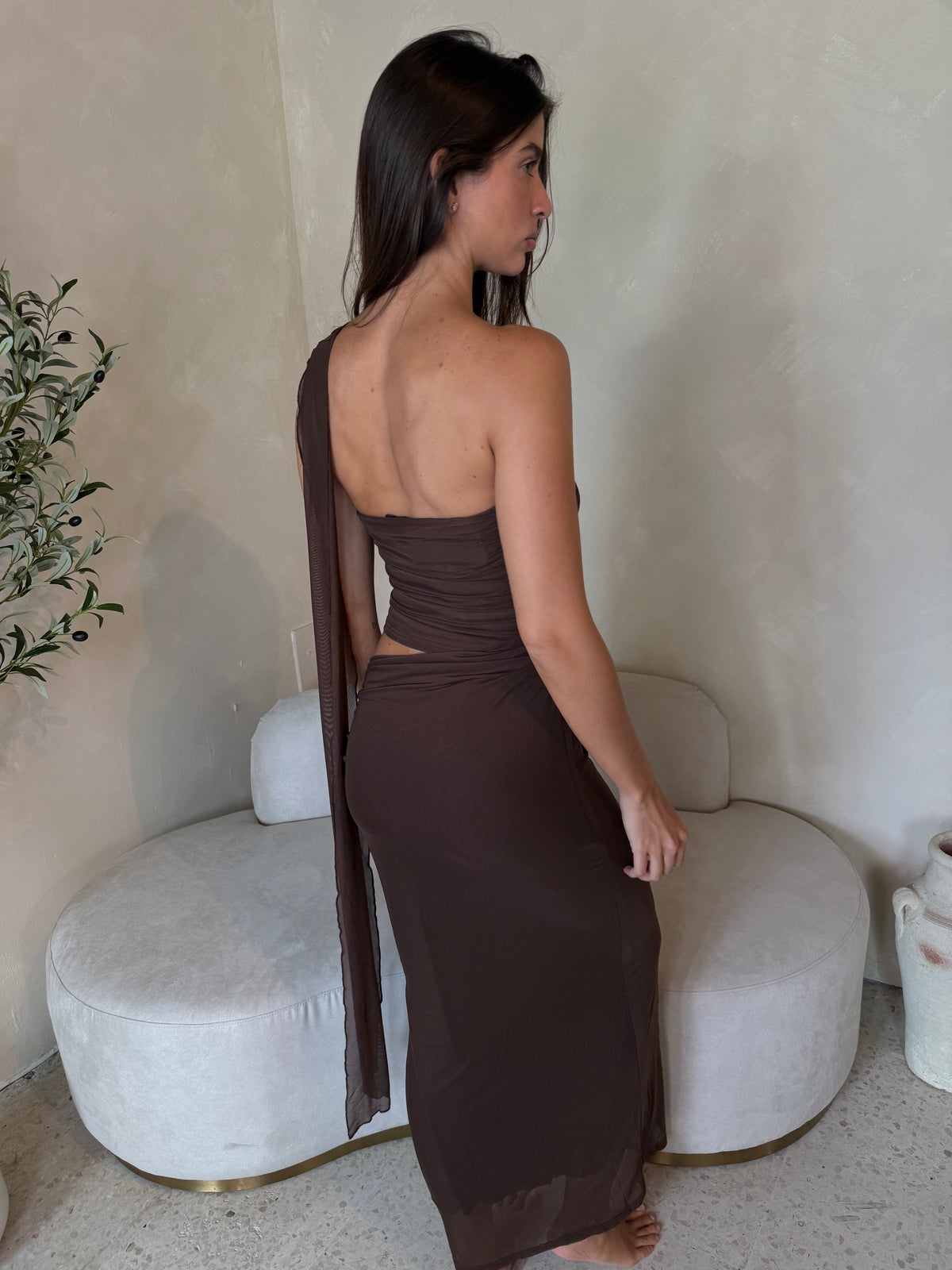Brown Mesh Midi Dress