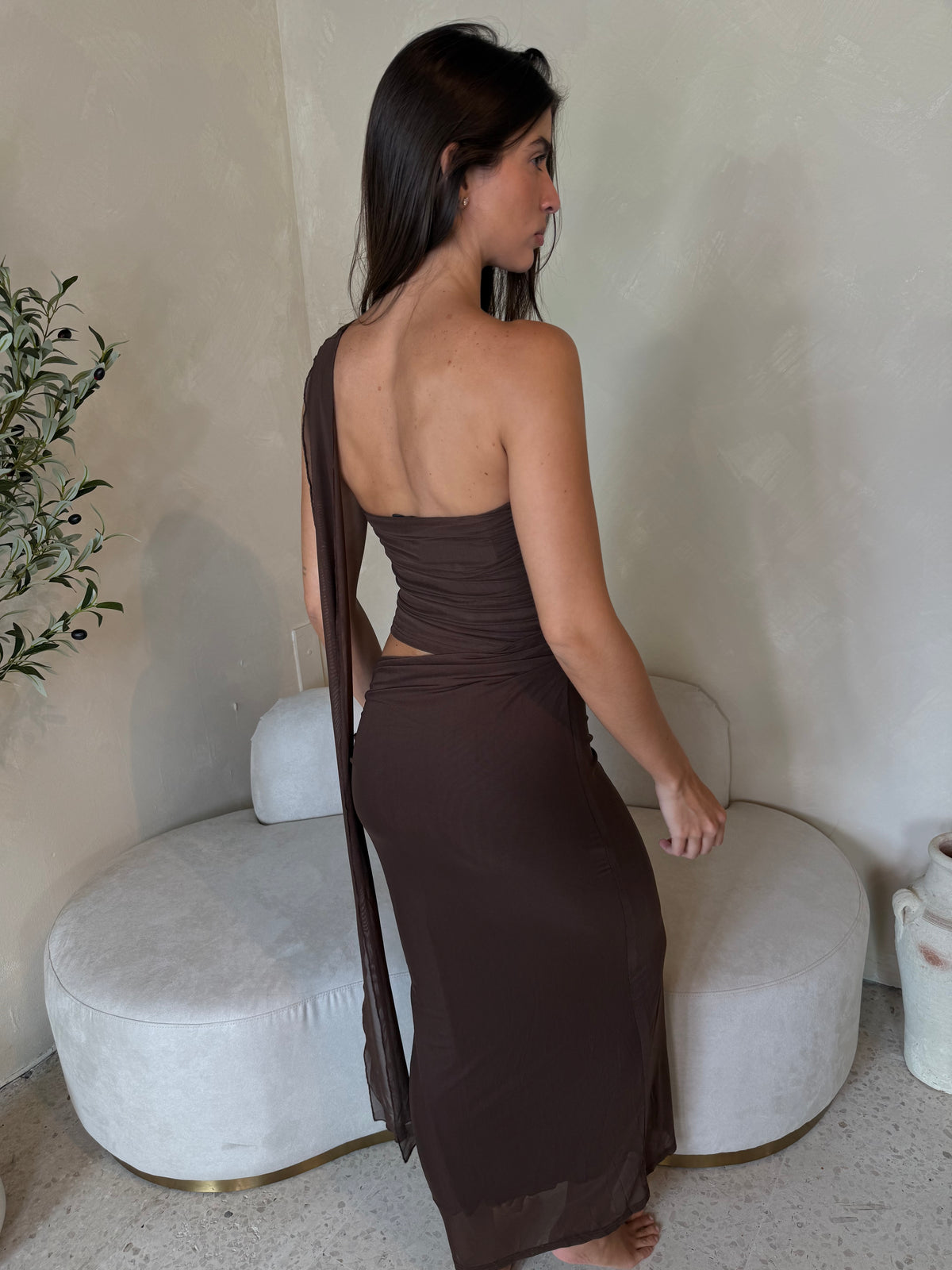 Brown Mesh Midi Dress
