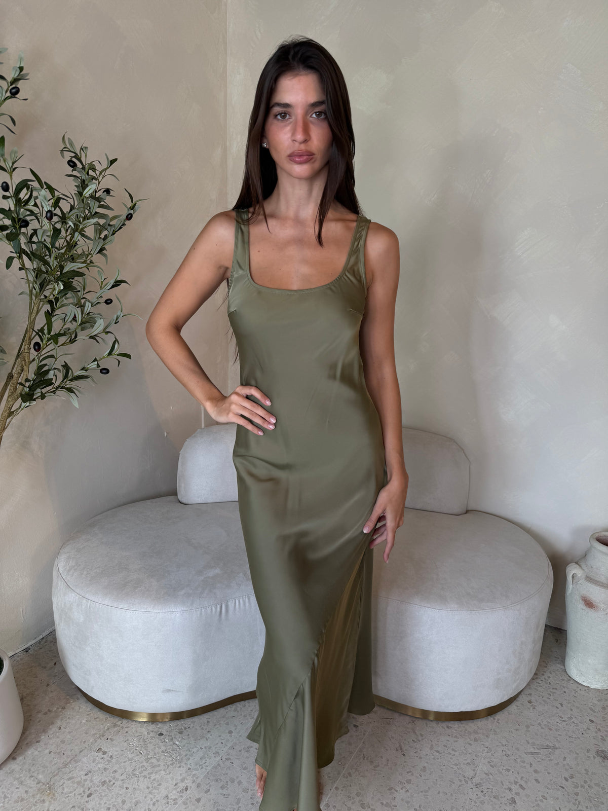 Olive Silky Tank Dress