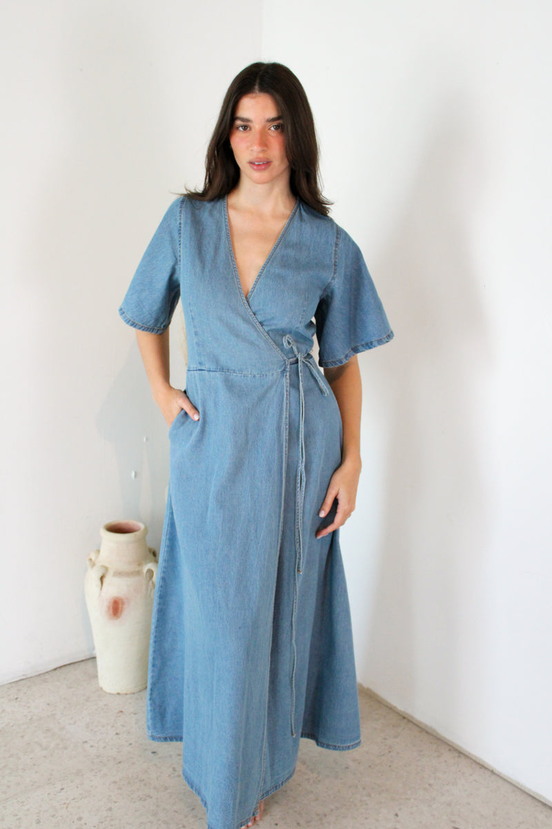 Washed Denim Wrap Dress