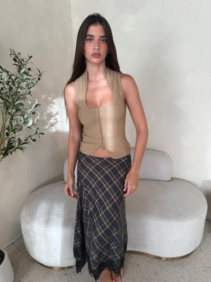 Tan Plaid Maxi Skirt