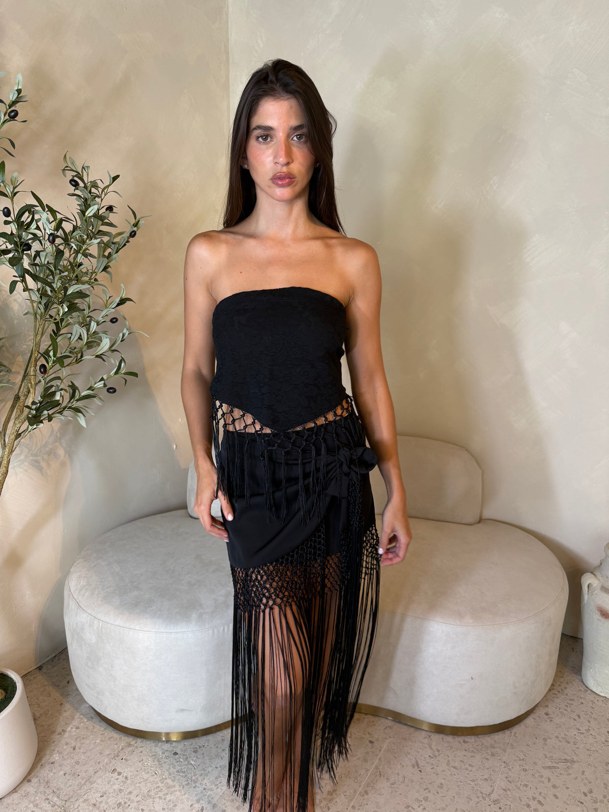 Black Fringe Satin Skirt