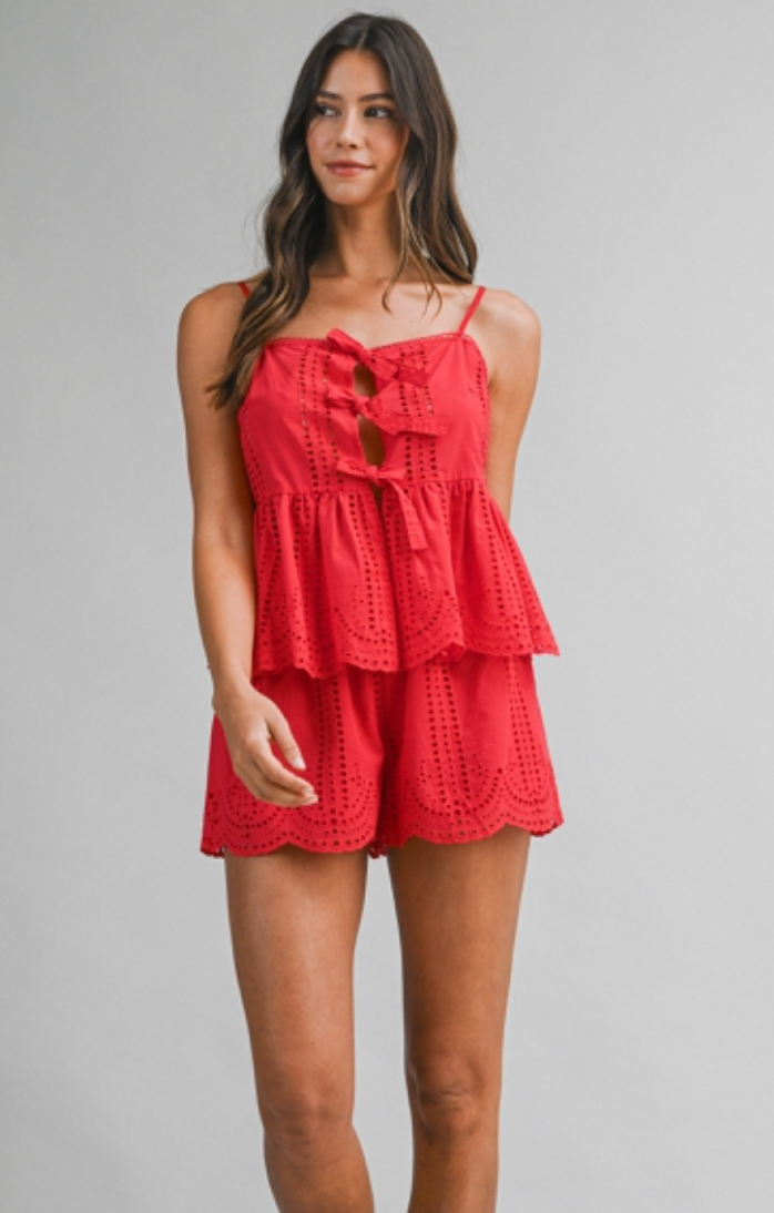 Eyelet Lace Sleeveless Tank Top And Shorts Set