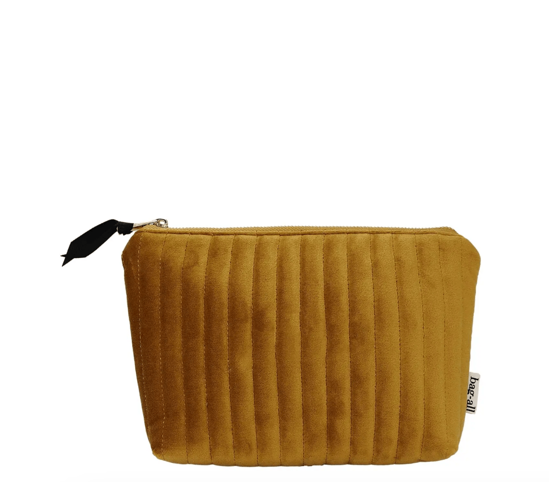 MY MAKEUP POUCH, COATED LINING, QUILTED YELLOW VELVET