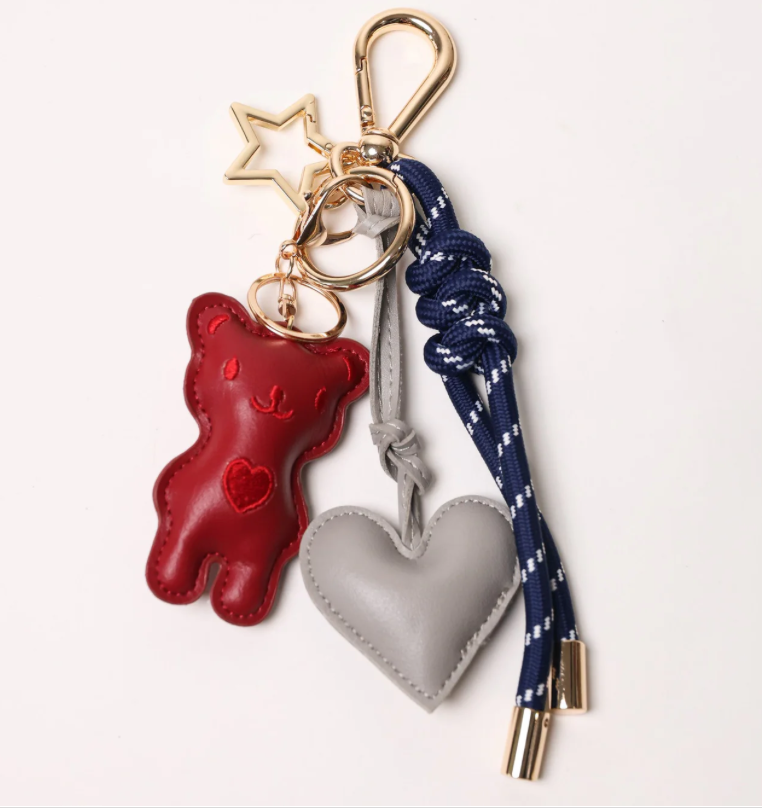 KEY CHAIN DEEP BLUE WITH CHARMS - GREY HEART AND RED TEDDY