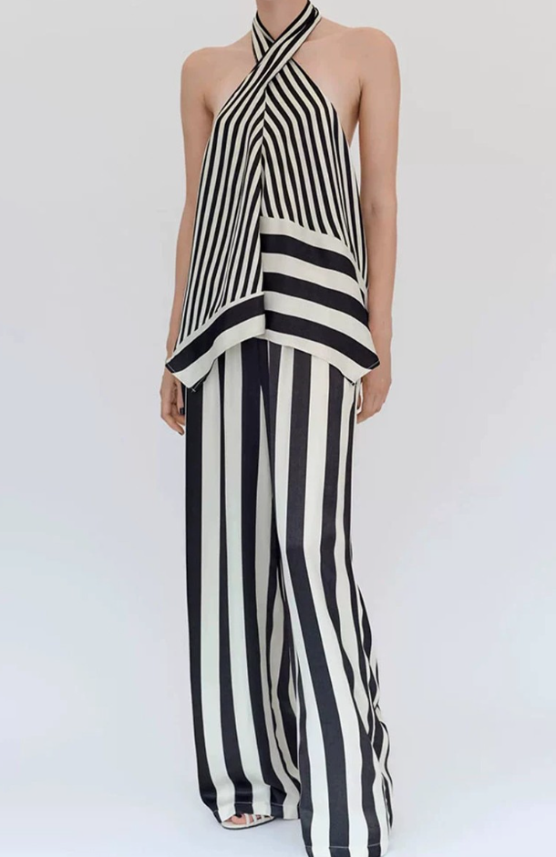 Striped Halter Wrap Top & Pant Set