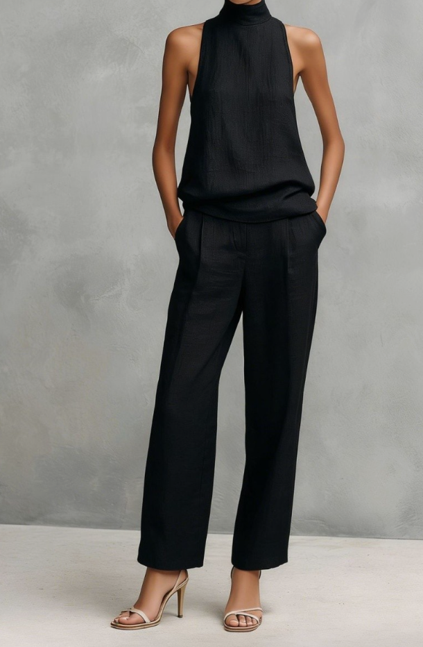 High Sleeveless Top And Straight Leg Pants Set