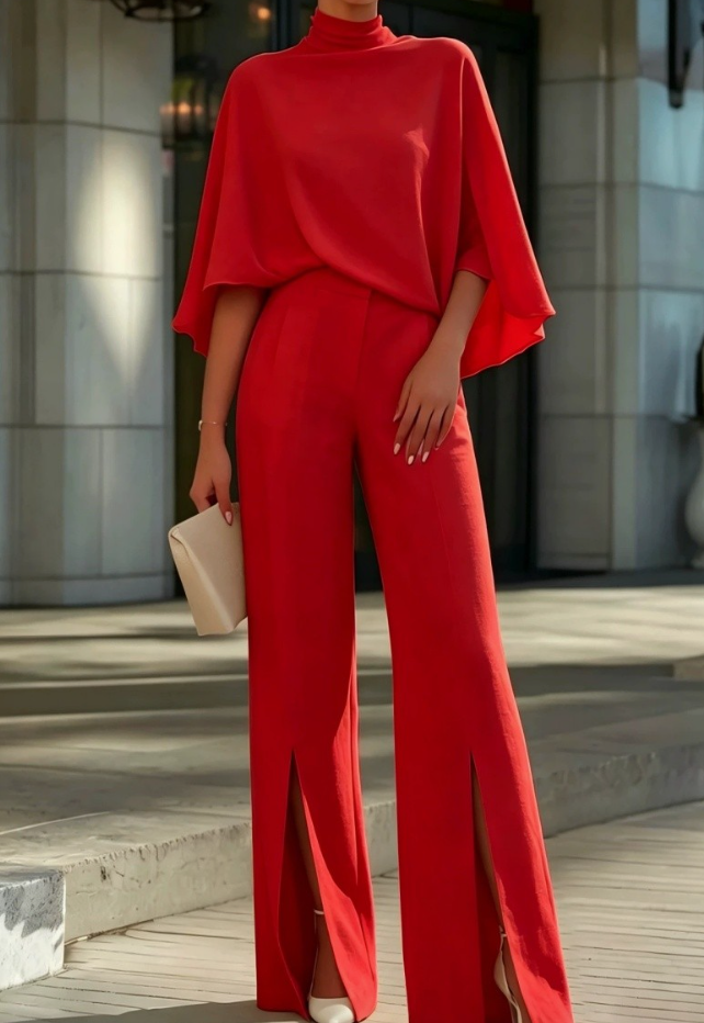 Cape Top And Slit Wide Leg Pant Set