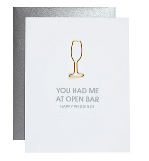 "OPEN BAR WEDDING" CHAMPAGNE PAPER CLIP LETTERPRESS CARD